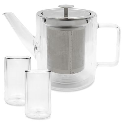 Glas Teekanne 1.0 Liter doppelwandig Kannen Set & 2 Teegläser je 400 ml Volumen