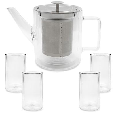 Glas Teekanne 1.0 Liter doppelwandig Kannen Set & 4 Teegläser je 400 ml Volumen