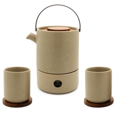 Steingut Teekannen Set 1.2 Liter beige Kanne 2 Teebecher & Teewärmer aus Keramik