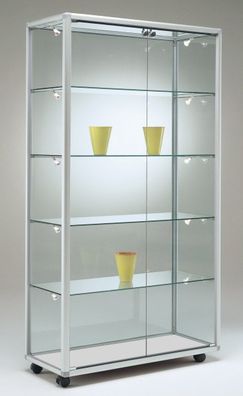 Glasvitrine BV Vitrine Alu Ausstellung Messe abschließbar 100 cm Rollen Spiegel