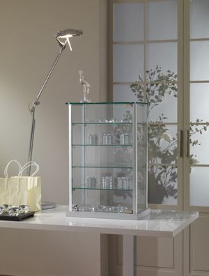 Aufsatzvitrine Glas beleuchtet 40 cm Tischvitrine klein Alu abschließbar grau
