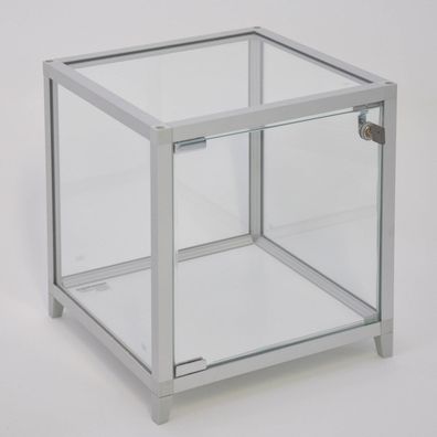kleine quadratische Tisch Präsentationsvitrine beleuchtet & Schloss 32 cm silber