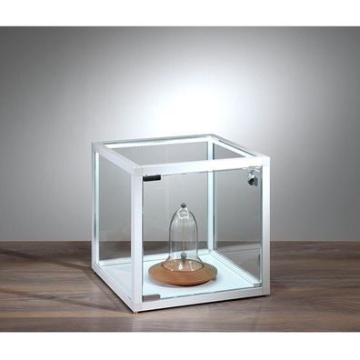 kleine quadratische Tisch Präsentationsvitrine beleuchtet & Schloss 42 cm weiß