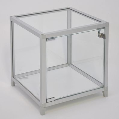 kleine quadratische Tisch Präsentationsvitrine beleuchtet & Schloss 42 cm silber