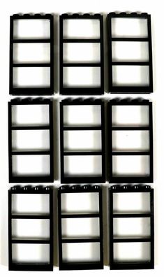 LEGO Fenster 1x4x6 Rahmen mit Sprossen schwarz / mit glaseinsatz klar / 9 Stück