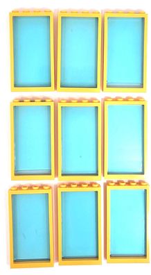LEGO Fenster 1x4x6 Rahmen gelb mit glaseinsatz blau transparent / 9 Stück