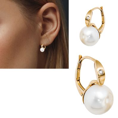 1 Paar Perlen Ohrhänger 15,6 mm 14 Karat 585 Gelbgold Diamanten 0,03 ct. W/ SI