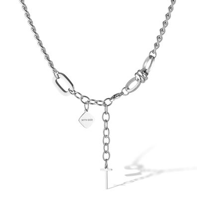 Cuban Link Chain Cross Pendant Stainless Steel Necklace For Women