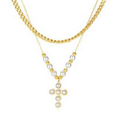 Light Luxury Pendant Titanium Steel Cross Pearl Necklace For Women
