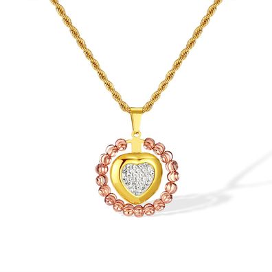 Diamond-Embedded Love Pendant Stainless Steel Necklace