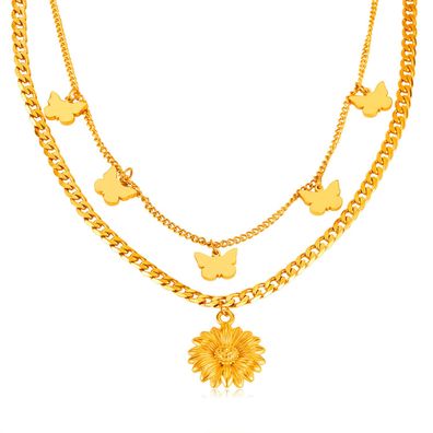 Light Luxury Butterfly Double Layer Twin Chain Sunflower Stainless Steel Necklace