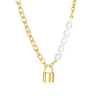 High-Grade Freshwater Pearl Pendant Light Luxury Lock Titanium Steel Necklace For