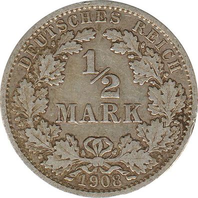 Kaiserreich J.016 1908 G Kleinmünze 1/2 Mark Silber*