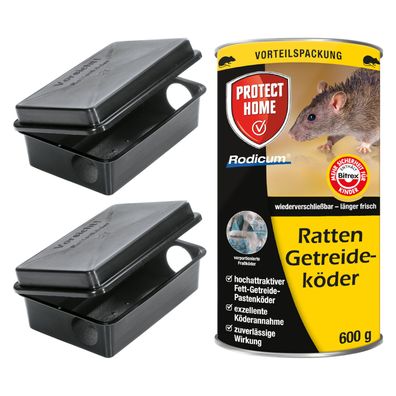 Set zur Rattenbekämpfung - 2x Ratten Köderstation + Rodicum Getreideköder 600 g