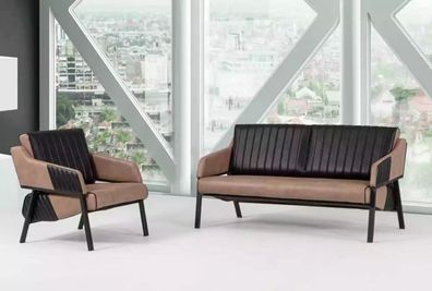 Designer Beige Sofagarnitur Zweisitzer Sessel Couch Garnitur Polster 2 + 1