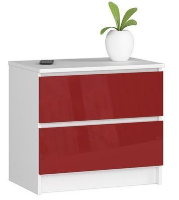 Nachttisch AKORD K60 Weiß mit 2 Schubladen Front Rot Glanz B60 x H55 x T40 cm