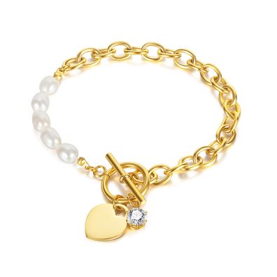Elegant Heart Zircon And Freshwater Pearl Ot Buckle Stainless Steel Bracelet For