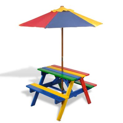 Kinder-Picknicktisch mit B?nken Sonnenschirm Mehrfarbig Holz