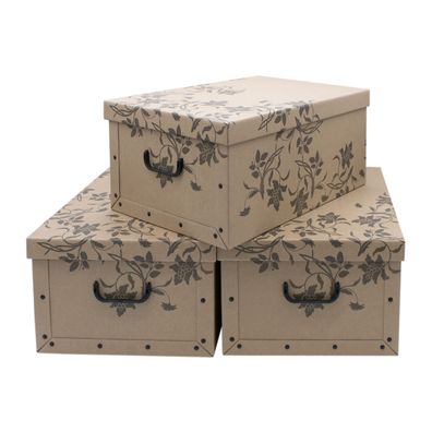 Aufbewahrungs Box braun mit Blumen - 3er Set - Stapelbox Dekobox Geschenkbox