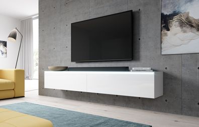 FURNIX TV Lowboard BARGO Schrank Fernsehschrank 180 cm mit LED Weiß -Weiß Glanz