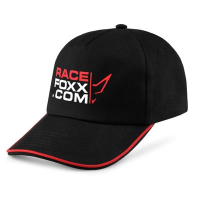 Racefoxx. COM Beechfield Basecap, schwarz, mit rotem Streifen