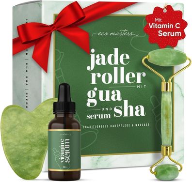 Jade Roller mit Vitamin C Serum & Gua Sha - Massageroller gegen Augenringe, Falten