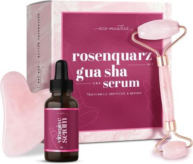 Rosenquarz Roller mit Vitamin C Serum & Gua Sha - Vegane Hautpflege für Gesicht, Kinn