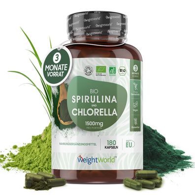Bio Spirulina & Chlorella - 3 Monate Vorrat - 1500mg Pulver nur in 2 Kapseln