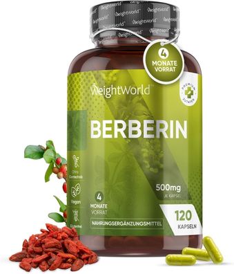 Berberine Kapseln 500mg - 98% Berberin HCL - 4 Monate Vorrat - 120 vegane Kapseln