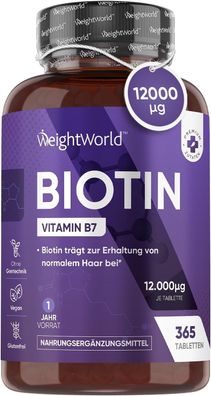 Biotin Tabletten - 12.000g reines Biotin für Haare, Haut und Bartwuchs - 1 Jahr Vorr