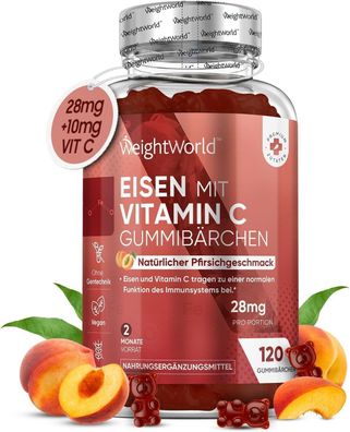 Eisen Vitamin C Gummibärchen - 120 Iron Gummies mit Pfirsichgeschm - 38mg pro Portion