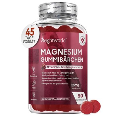 Magnesium Gummibärchen 125mg - Ohne Gelatine & Vegan - 90 Magnesiumcitrat Gummies