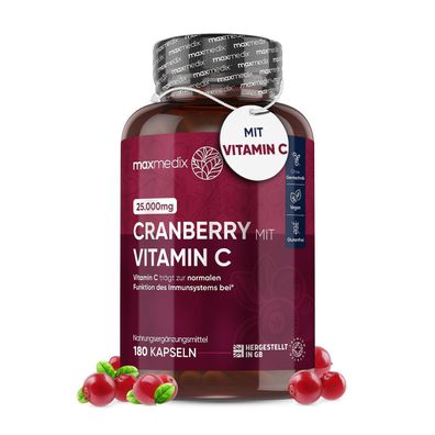 maxmedix Cranberry mit Vitamin C Kapseln - 25000mg Cranberries pro Tag (50:1 Extrakt)