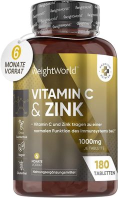Vitamin C & Zink Tabletten - 6 Monate Vorrat - 1000mg Vitamin C pro Tablette