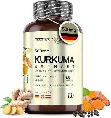 Kurkuma Extrakt Kapseln - 500mg Kurkuma Extrakt mit 95% Curcumin - 180 Stück