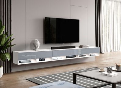 FURNIX TV-Schrank ALYX 300 cm (3x100cm) Lowboard mit LED Weiß/ Grau Glanz