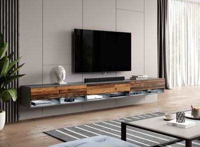FURNIX TV-Schrank AREZO 300 cm (3x100cm) Lowboard Grau Anthrazit-Old style wood