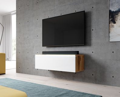 FURNIX TV Lowboard BARGO Schrank modern 100cm ohne LED Eiche Wotan-Glänzend Weiß