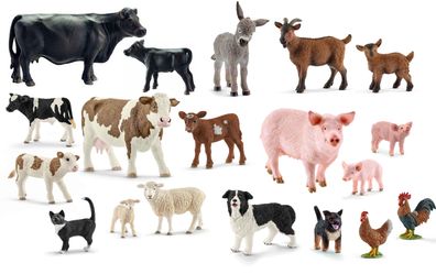 Schleich - Tierfiguren - Bauernhof-Set mit 19 Tieren Kuh Schaf Hund Katze Esel