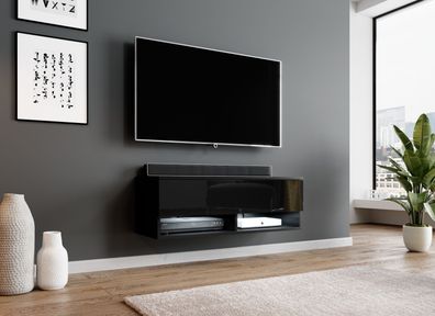FURNIX TV Lowboard ALYX Schrank 100cm mit LED- Design Schwarz matt - glänzend Schwarz