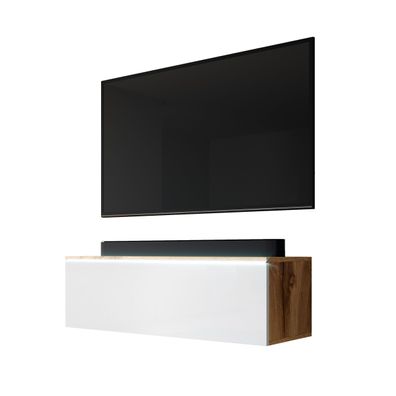 FURNIX TV Lowboard BERMO TV-Schrank modern 100 cm mit LED Eiche Wotan-Weiß Glanz