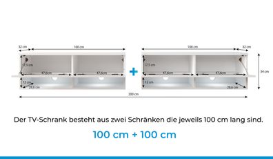Furnix TV-Kommode Lowboard Alyx 200 cm (2x100cm) TV-Schrank LED Weiß glänzend