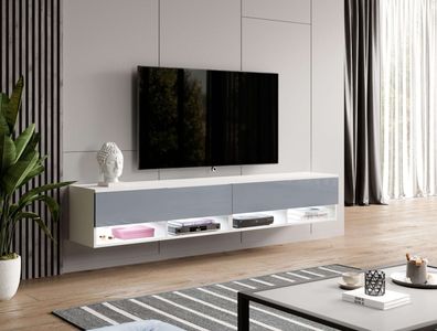 FURNIX TV-Schrank ALYX 200 cm (2x100cm) Lowboard mit LED-Beleuchtung Weiß/ Grau Glanz