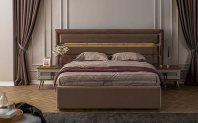 Braune Schlafgarnitur Exklusives Doppelbett 2x Holz Nachtkonsolen 3tlg