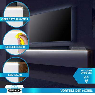 FURNIX TV Lowboard BARGO Schrank Fernsehschrank 180 cm mit LED Wotan -Weiß Glanz