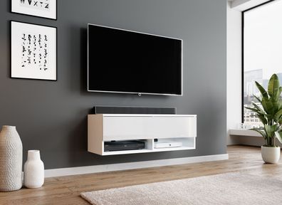 FURNIX TV Lowboard AREZO Fernsehschrank Schrank 100 cm mit LED Weiß - Glanz Weiß