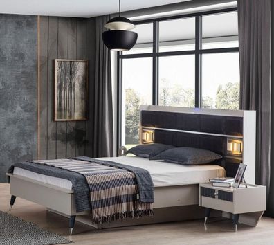 Grau-weiße Schlafzimmer Garnitur Doppelbett 2x Nachttische 3tlg Set