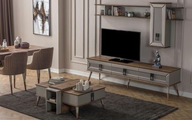 Designer Wohnzimmer Garnitur TV-Ständer Holz Regale Couchtisch RTV Neu