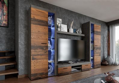 FURNIX Mediawand RIVAY XL Wohnwand TV-Schrank Vitrine Regal 4-tlg 300cm old wood ...