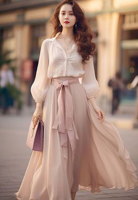 Fashion Pink Chiffon Shirt Half Skirt Set CA092625